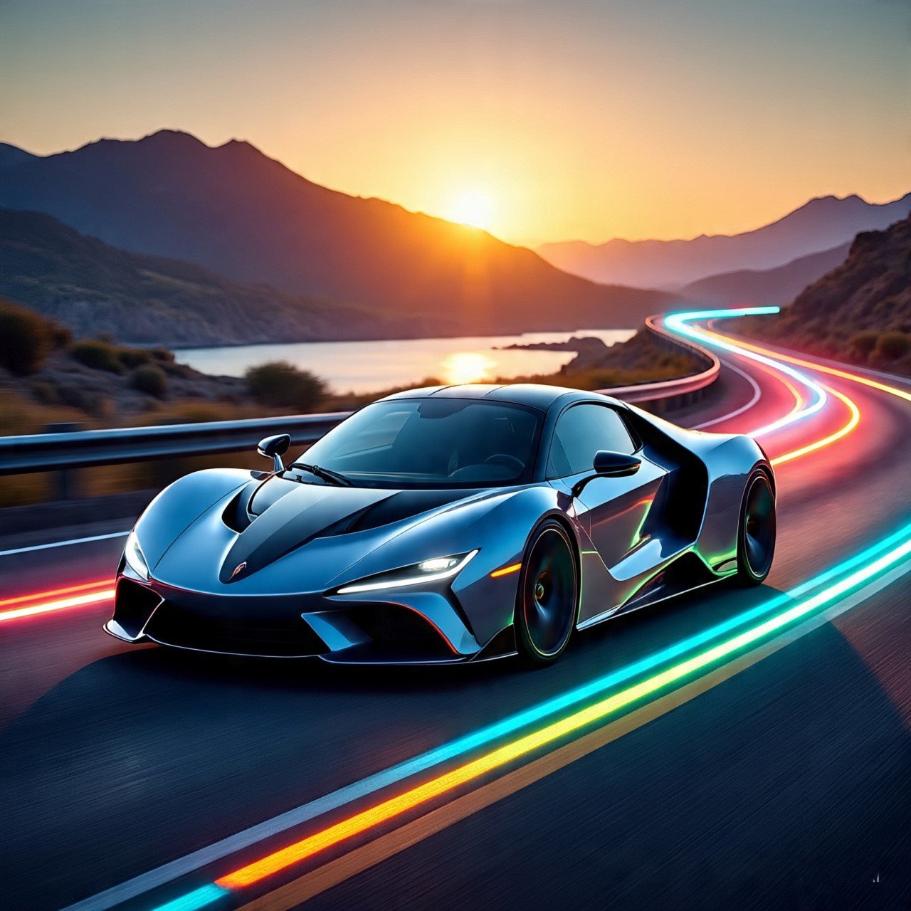 Ultra-realistic digital illustration of a futuristic hypercar drifting on a neon-lit highway with mountains and a coastal sunset in the background, cinematic lighting, Forza Horizon 6 style, next-gen game art.