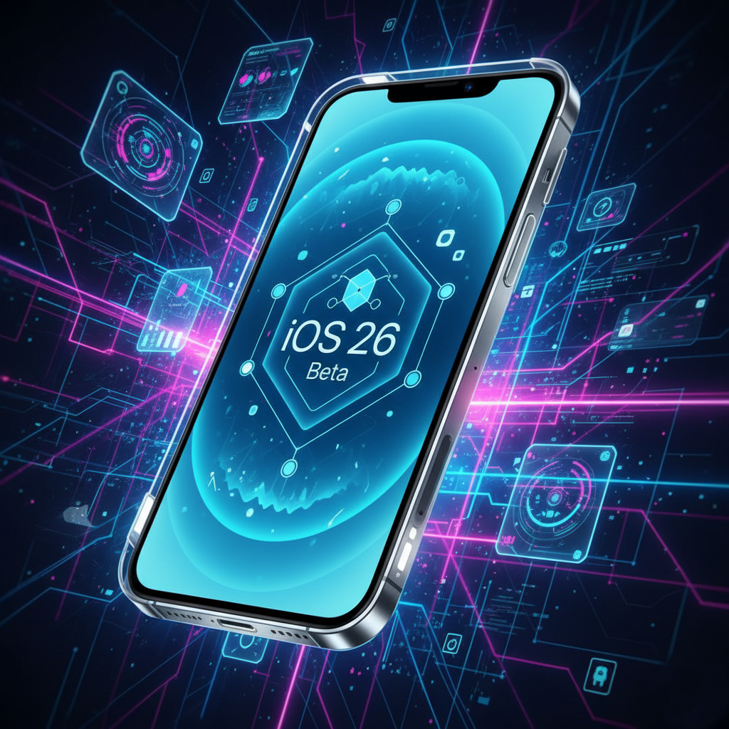 A futuristic Apple iPhone 17 with glowing blue screen showing “iOS 26 Beta” logo, digital background with AI-inspired neon lines, modern tech style, 4K, ultra-realistic, trending editorial illustration.