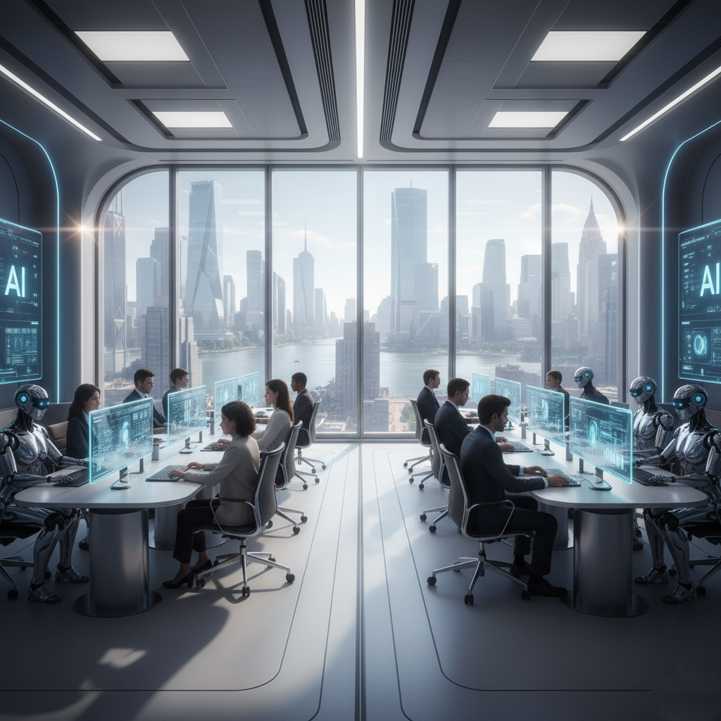 A futuristic office in New York City, half filled with human workers and half with humanoid AI robots working side by side at computers. Modern sleek design, glowing neon blue AI elements, cinematic lighting.