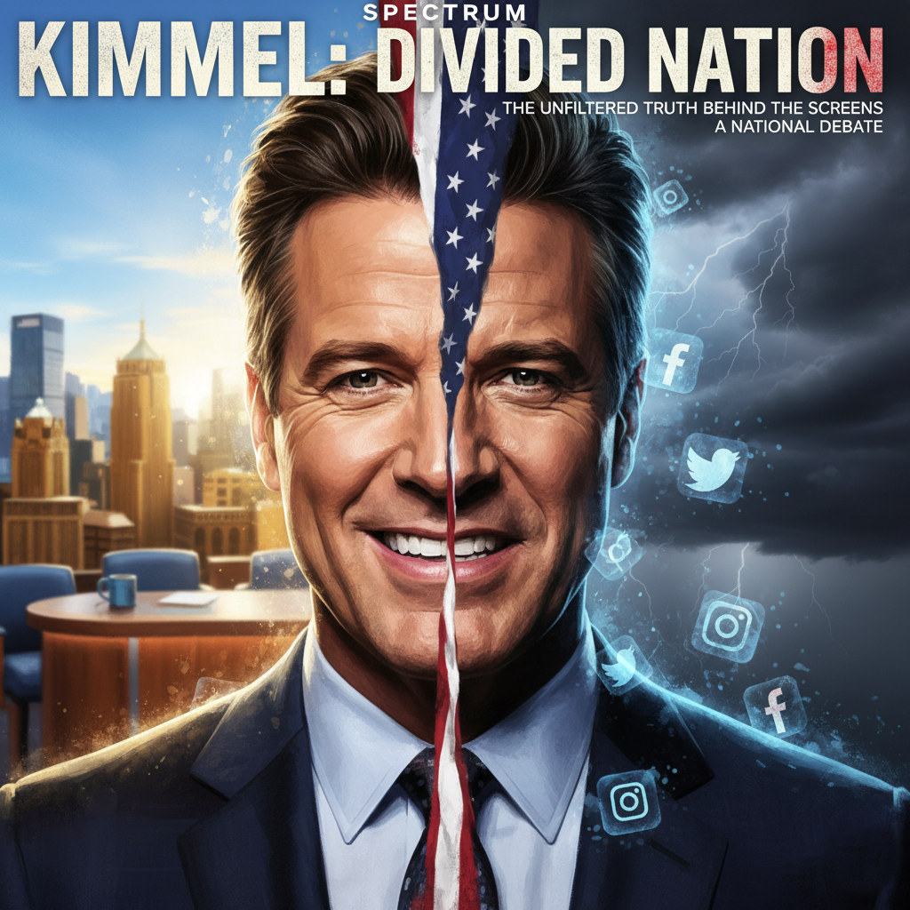 A powerful photorealistic magazine cover art. Jimmy Kimmel's face is split diagonally: one side is his cheerful late-night show host persona under bright studio lights, the other side is a grim, shadowed figure amidst storm clouds and angry social media icons. In the background, an American flag is torn down the middle. The style is dramatic, high contrast, and hyper-detailed, evoking a sense of national debate. --ar 16:9 --style raw