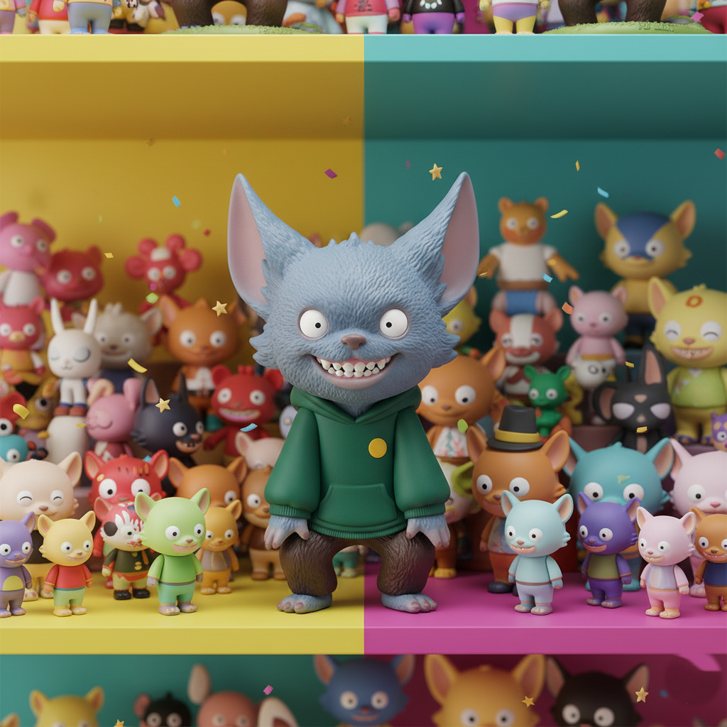 A cute yet mischievous Labubu toy figure standing on a colorful shelf surrounded by other collectible toys. The scene is vibrant, playful, with soft lighting that highlights Labubu’s sharp teeth and big expressive eyes. Digital art, high quality, toy photography style.